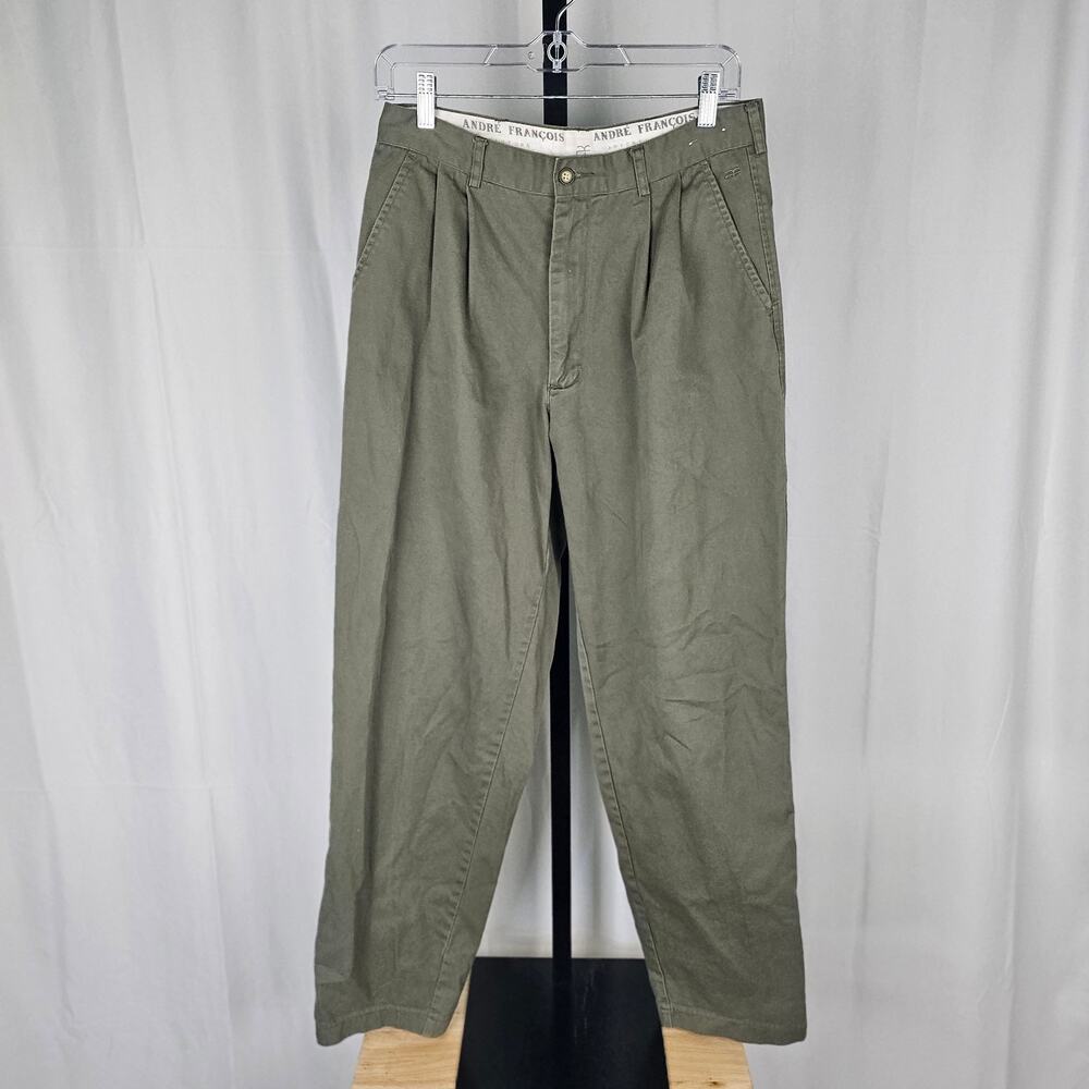 Vintage André François Pants 100% Egyptian Cotton Size 32 Pleated Olive Green